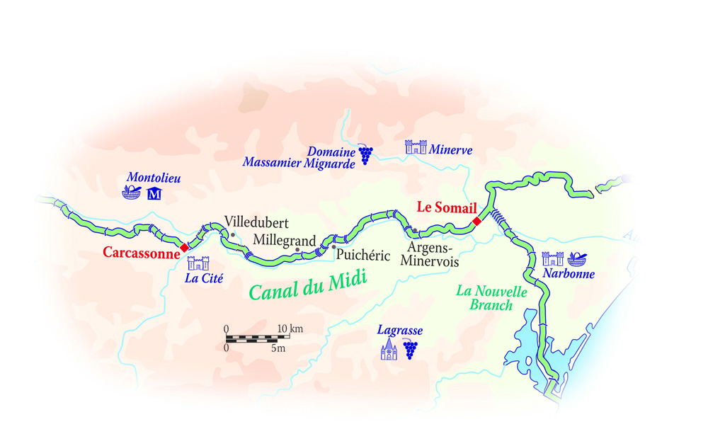 Mapa del Itinerario (Canal du Midi) CRUCEROS FLUVIALES CANALES DE FRANCIA CANAL DU MIDI CLAIR DE LUNE DESCUENTOS OFERTAS CRUCEROS EN FAMILIA CRUCEROS EN GRUPO ALQUILER CHARTER DE CRUCEROS BARCOS PRIVADOS CRUCEROS SUR DE FRANCIA MAPA CANAL DU MIDI
